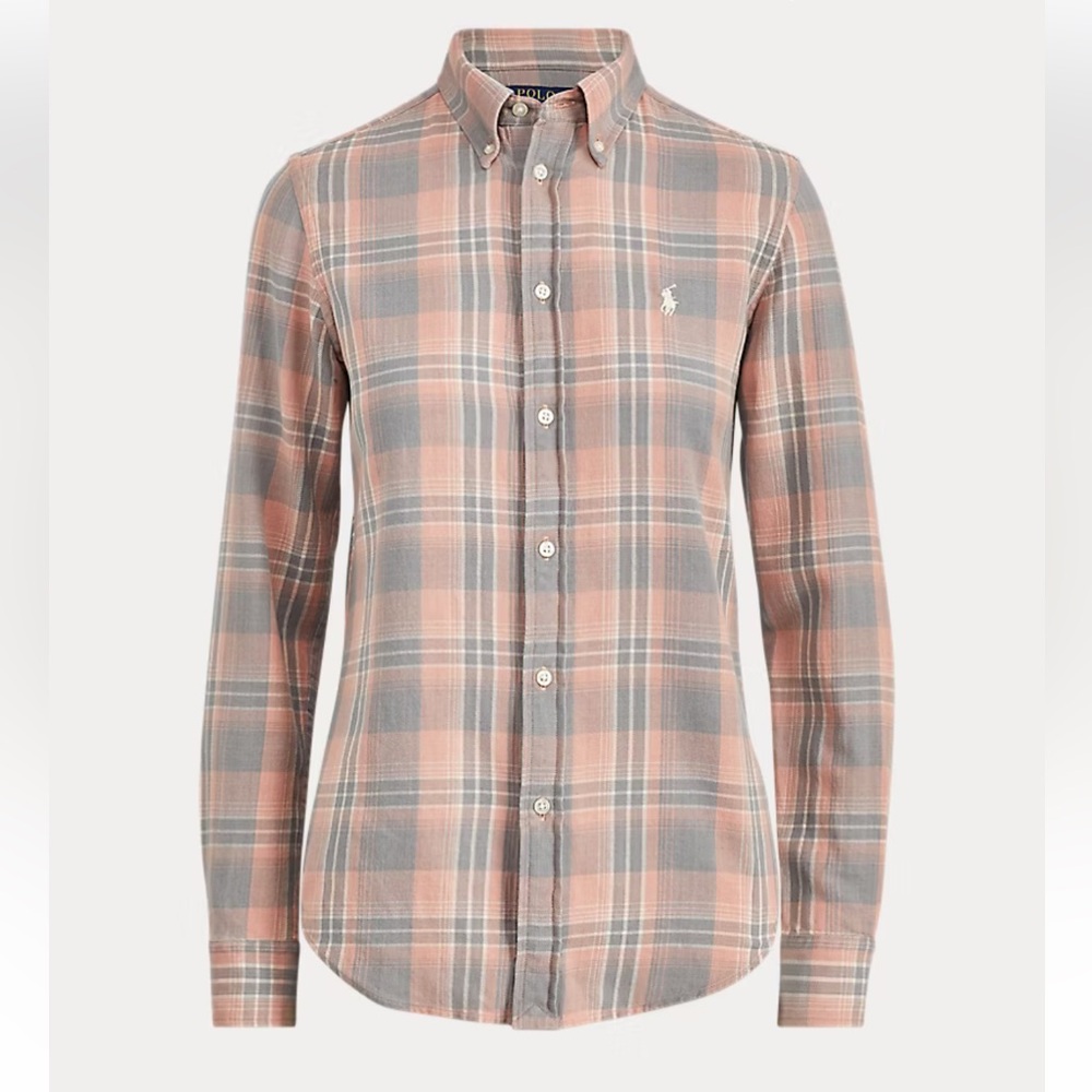 Ralph Lauren Peach and Gray Flannel Plaid Button-Down Shirt Classic Fit SZ L EUC